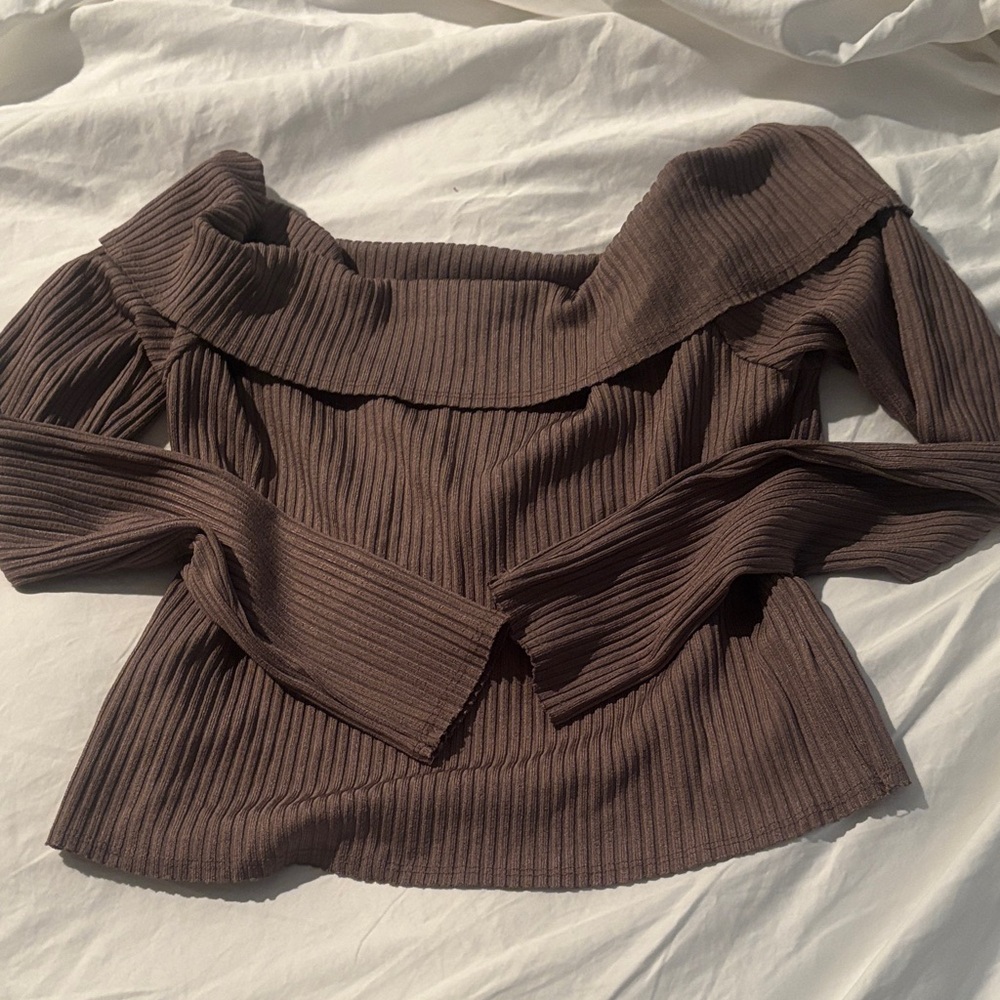 Wild Fable Off-Shoulder Ribbed Top in Brown